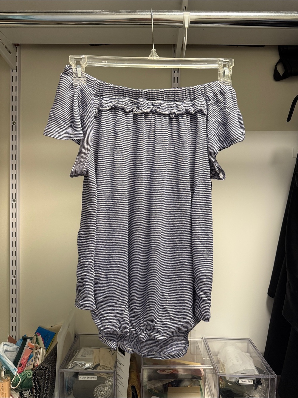 Bordeaux Off-Shoulder Striped Summer Knit Top in Navy and White